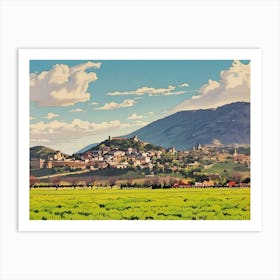 Panoramic View of Assisi. A vibrant and artistic depiction of Assisi, showcasing its hilltop position amidst the lush green plains, with its iconic medieval architecture framed by rolling hills and a dramatic blue sky. Art Print