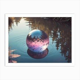 A Glass Orb With A Geometric Pattern Sits On The Surface Of A Pond Surrounded By Water Plants And Lily Pads Art Print