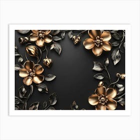 3d Illustration Background with Golden Jewelry and Flowers in Black Art Print