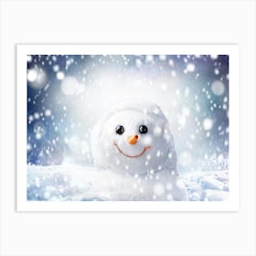 Snowman Peeking Out From Behind A Snowdrift Adorned With Glittering Festive Sparkles Reflecting Off Art Print