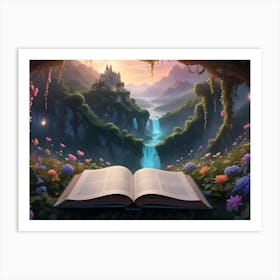 A Magical, Fantastical Illustration Of A Forest Scene With A Large Book Open On A Path, Revealing A Beautiful Castle Nestled Among Mountains And A Waterfall Art Print