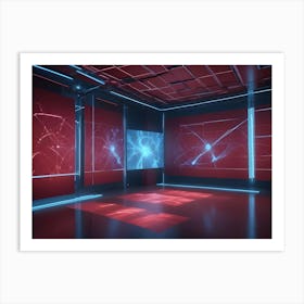 Abstract Futuristic Room With Red Walls And Blue Neon Lights Art Print