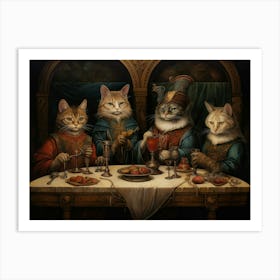 Regal Blue & Red Cats Feasting At A Banquet Art Print