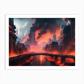 Cyberpunk city with lava and river 4 Art Print