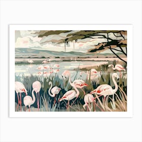 Pink Flamingoes Tropical Jungle Illustration 2 Art Print