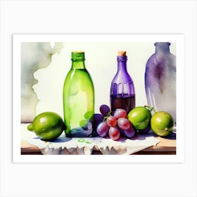 Lime and Grape near a bottle watercolor painting 21 Art Print