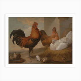 Vintage Painting Rooster And Chickens Art Print