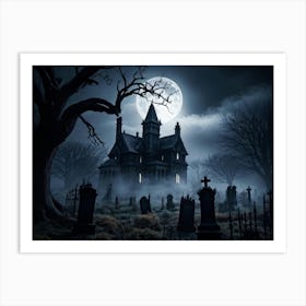 Frightened Souls Hovering Over A Mist Enshrouded Graveyard Full Moon Piercing Through Ominous Cloud (6) Art Print