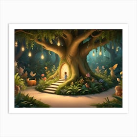 A Whimsical Illustration Of A Young Girl Entering A Magical Forest With Glowing Lights And Fantastical Creatures Art Print