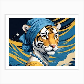 Portrait Of A Tiger Wearing A Blue Headscarf And Pearl Necklace, Inspired By Vermeer S Girl With A Pearl Earring Art Print