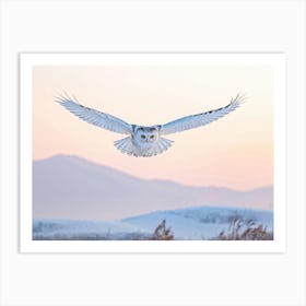 Snow Capped Mountains Under A Soft Pink Sunrise Skyline An Elegant White Owl With Vibrant Yellow Ey Art Print