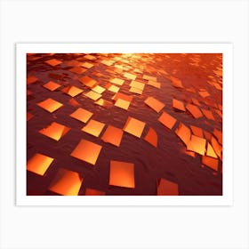 An Abstract Image Of A Field Of Golden Squares Floating On A Red Liquid Surface Art Print