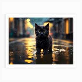 Black Cat In The Rain Art Print