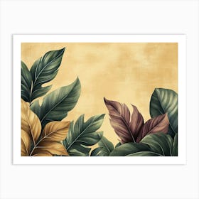 Vintage Tropical Green Brown Leaves, Beige Background, Golden Texture 10 Art Print