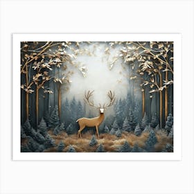 3d Modern Stereo Stag Deer Animal with Forest Art Print