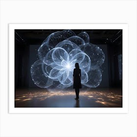 A Woman In A Black Dress Stands In A Futuristic Gallery, Gazing At A Large, Glowing Sphere Of Light And Data Art Print