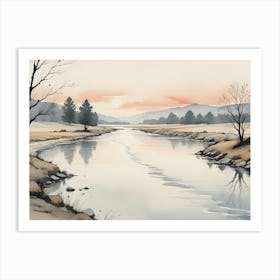 A Watercolor Painting Of A River Winding Through A Valley With Mountains In The Background Art Print