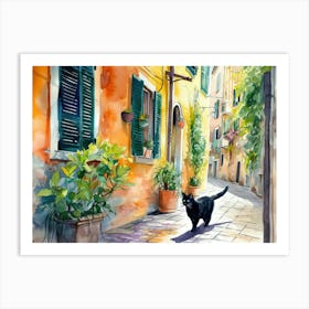 Black Cat In Udine, Italy, Street Art Watercolour Painting 1 Art Print