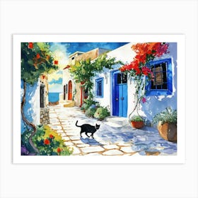 Santorini, Greece   Cat In Street Art Watercolour Painting 3 Art Print