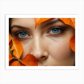 Artistic portrait beautiful woman blue eyes behind orange autumn leaves Art Print