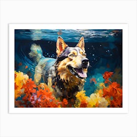 German Shepherd Dog Swimming In The Sea Art Print