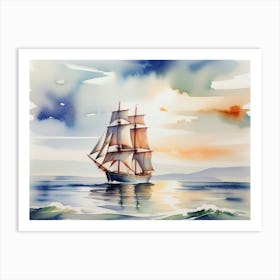 Sailing ship on the sea, watercolor painting 12 Art Print