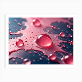 A Macro Photograph Of Water Droplets On A Dark Background, With A Pink Substance Spreading Outward From A Central Droplet Art Print