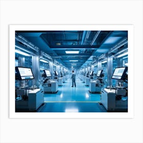 Ai Enhanced Factory Interior Illuminated By Soft Blue Light Robotic Arms Intricately Assembling Com (1) Art Print