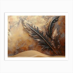 Rustic 3d Textured Brown Background Faded Brass Feathers Abstract Sandy Dunes Warm Art Print