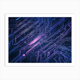 Abstract Close Up Of A Circuit Board With Intricate Patterns And Glowing Purple And Blue Lines Art Print