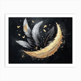 3d Golden and Black Feathers Moon and Birds Art Print