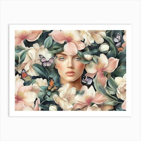 Magnolias Women's Face Floral Seamless Pattern Art Print