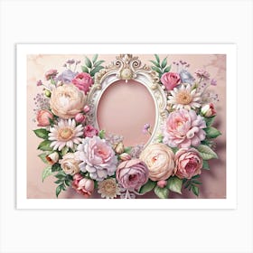 Floral Frame With Pastel Pink Roses And Ornate White Frame Art Print