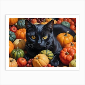 Black Cat Sitting In A Pile Of Pumpkins Autumnal Art Print