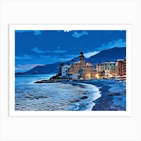 Camogli at the golden hour, a medieval Ligurian village with its castle. Its bay and its marina are famous destinations for tourists on their travels. The colorful houses, typical Ligurian architecture, are right in front of its beach on the Mediterranean sea. On the horizon, threatening spring clouds above the mountains. The image depicts a picturesque coastal town bathed in the soft glow of twilight. A cluster of charming buildings, some with distinctive bell towers, line the shoreline, their warm lights casting a welcoming ambiance. The buildings are painted in a palette of pastel hues, creating a visually appealing contrast against the deep blue of the sea and the sky. Art Print