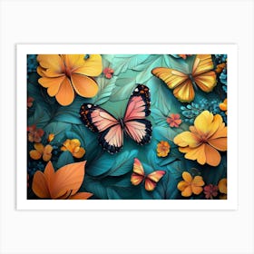 Floral Pattern With Colorful Butterflies Illustration Art Print