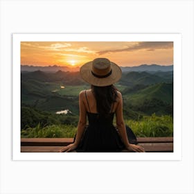 Evening View Of An Asian Woman Perched Solo On A Wooden Terrace Decked In A Summer Hat Her Black At (7) Art Print