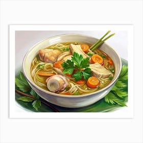 Bowl Of Chicken Noodle Soup With Carrots And Parsley Art Print