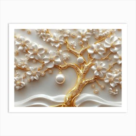 3d Gold Tree of Life White Pearl and Flowers Art Print