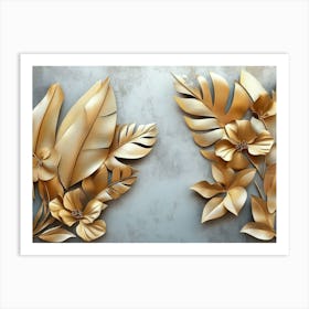 3d Gold Floral Plants and Palm Leaves Art, Grey Background, Abstract Tropical Leaves, Banana Art Print