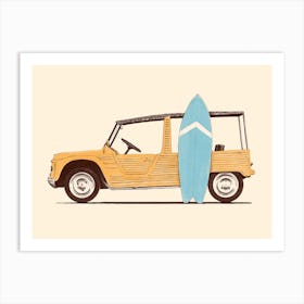Vintage Car With Surfboard Yellow & Blue Art Print
