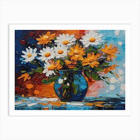 Daisies In A Blue Vase - Ai Art Print