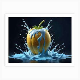 A Yellow Bell Pepper Covered In Blue Paint And Surrounded By Blue Paint Splatters On A Dark Blue Background Art Print