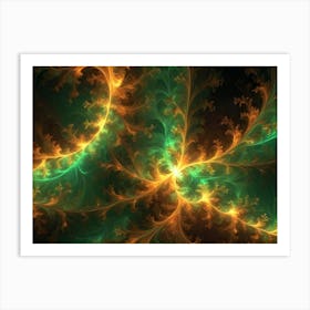 An Abstract Fractal Image Featuring Swirling, Glowing Lines And Shapes In Shades Of Green And Orange On A Dark Background Art Print