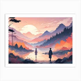 Two Individuals Stand Apart, Facing A Serene Lake Reflecting A Mountain Landscape During A Tranquil Sunset Art Print