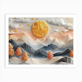 3d Modern Landscape Moon, Golden Christmas Trees, Colorful Mountains 1 Art Print