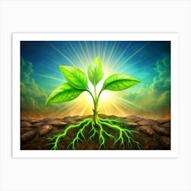 Young Plant With Glowing Roots Breaking Through The Ground Art Print