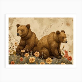 Floral Animal Illustration Brown Bear 3 Art Print