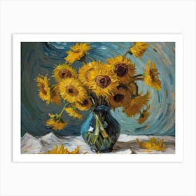 A Painting Of A Blue Vase Full Of Sunflowers Art Print