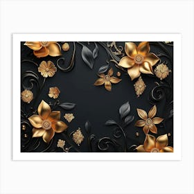 Gold Flowers On Black Background 3 Art Print